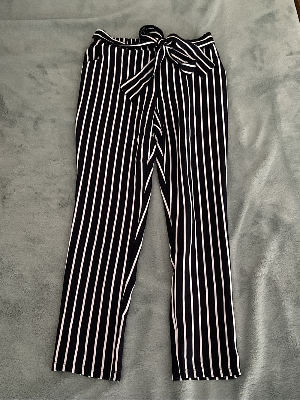 Striped Tie-Waist Black Pants